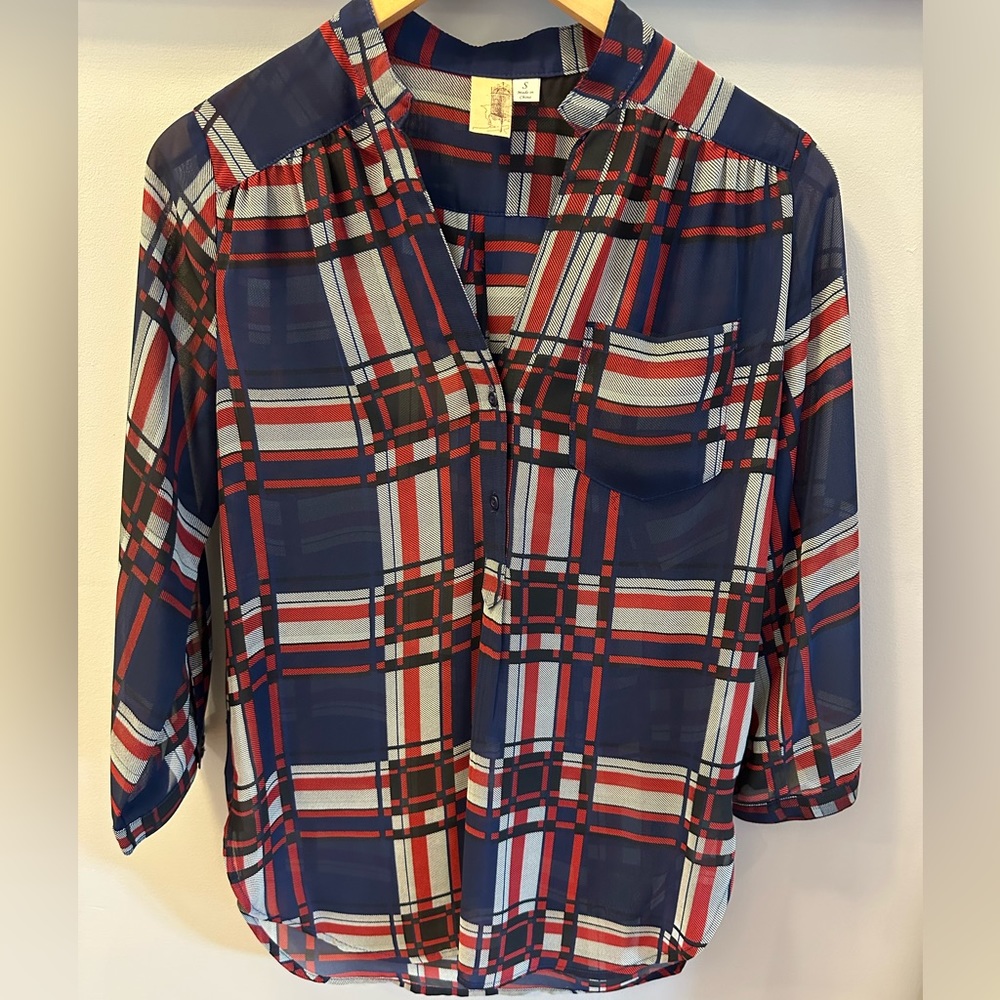 Sheer 3/4 sleeve plaid v neck blouse size S